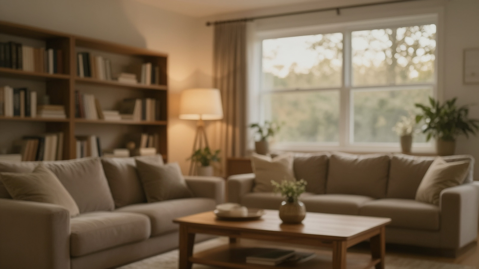 A living room lit by warm sources at several heights rather than one ceiling fixture