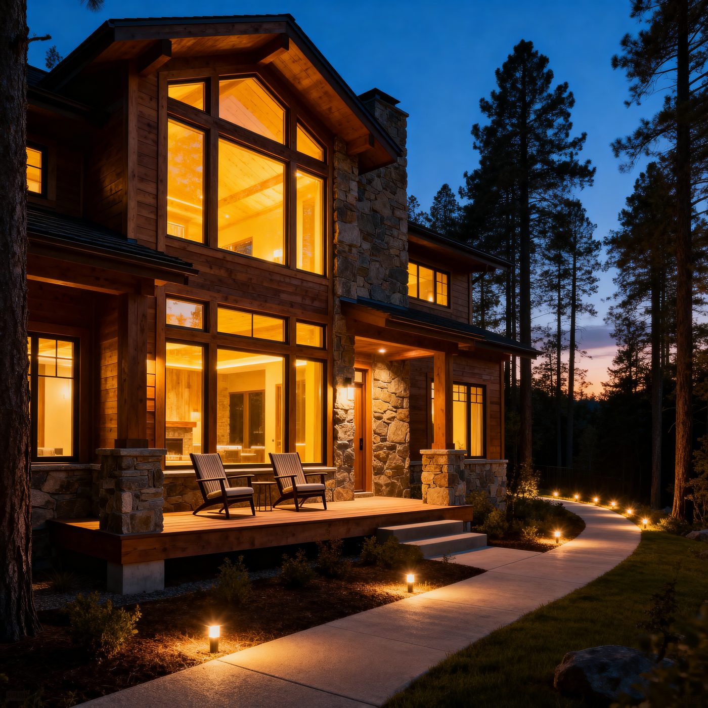 Cabin exterior at twilight with warm glowing windows