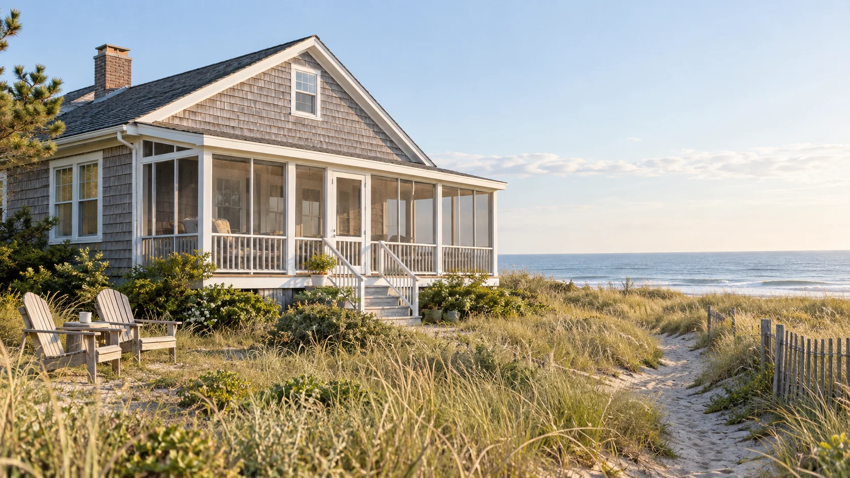 Fictional cedar-shingle coastal cottage beside dunes