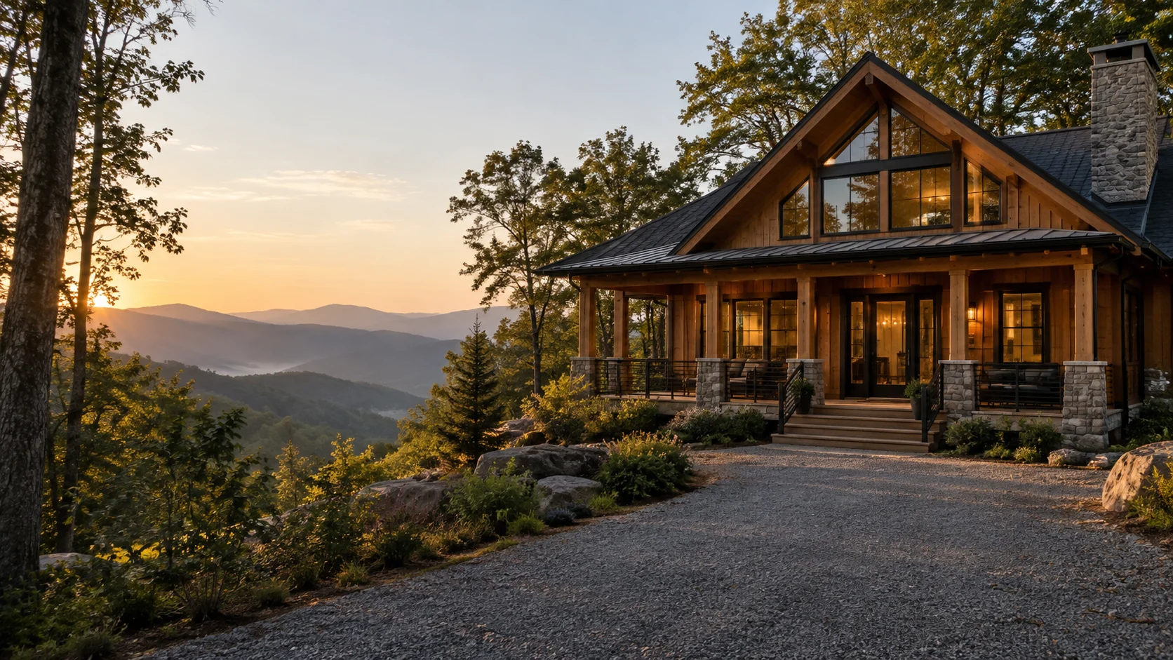 Fictional timber cabin overlooking mountain ridges